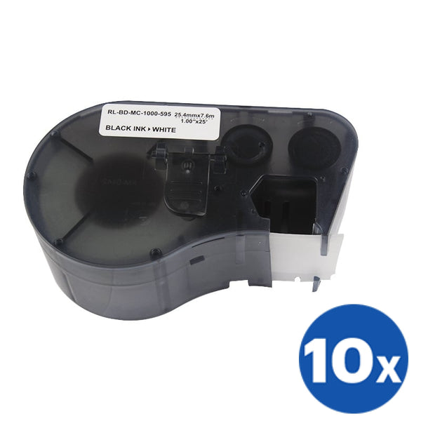 10 x Generic Brady MC-1000-595-WT-BK MC1000595WTBK Black on White Vinyl Label Tape 25.4mm x 7.6m