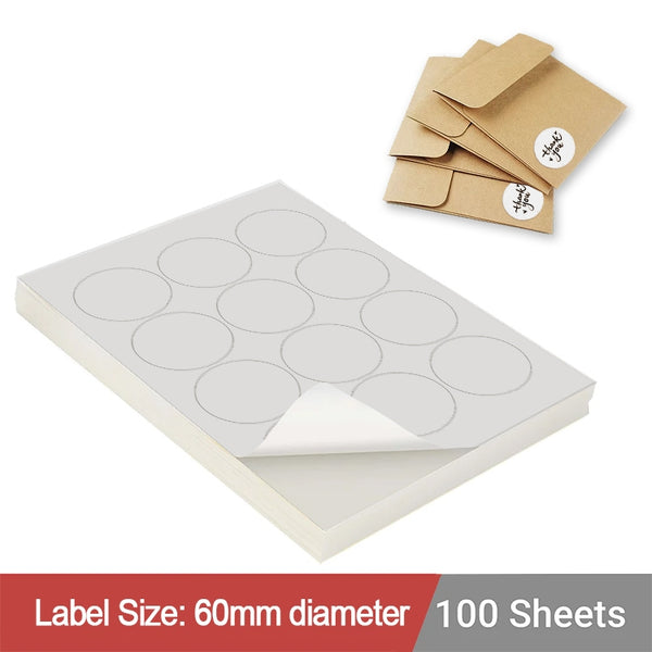 100 Sheets A4 White Self Adhesive Paper Laser Inkjet Sticker Labels 60mm Round - 12 Labels Per Sheet