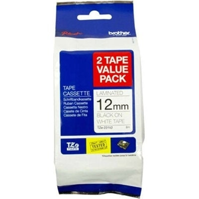 Original Brother TZe-231V2 TZe231V2 12mm Black Text on White Laminated (2 Tape Value Pack) - 8 meters
