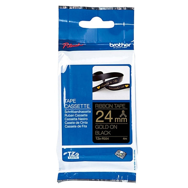 Original Brother TZe-R354 TZeR354 24mm Gold Text on Black Ribbon Tape - 4 metres