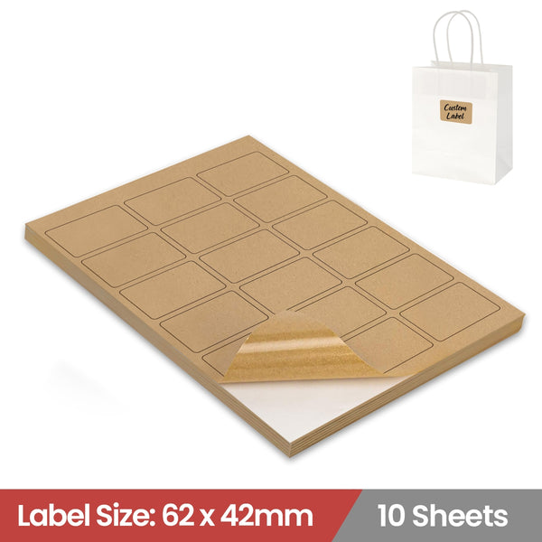 10 Sheets A4 Kraft Brown Paper Laser Inkjet Sticker Labels 62 x 42mm - 18 Labels Per Sheet