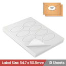LabelMax A4 Self Adhesive Paper Laser Inkjet Sticker Labels 84.7 x 50.8mm Oval - 8 Labels Per Sheet