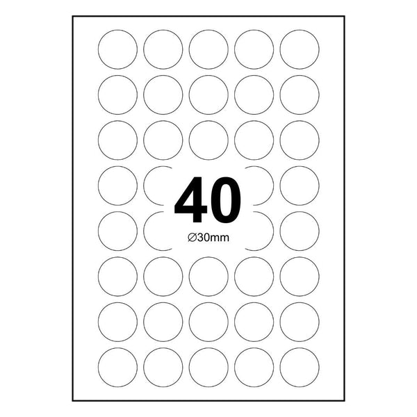 1000 Sheets A4 White Self Adhesive Paper Laser Inkjet Sticker Labels 30mm Round - 40 Labels Per Sheet