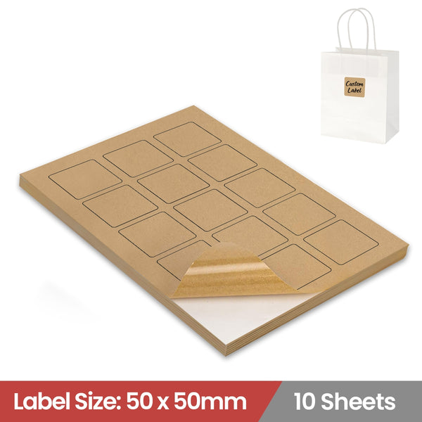 10 Sheets A4 Kraft Brown Paper Laser Inkjet Sticker Labels 50 x 50mm Square - 15 Labels Per Sheet