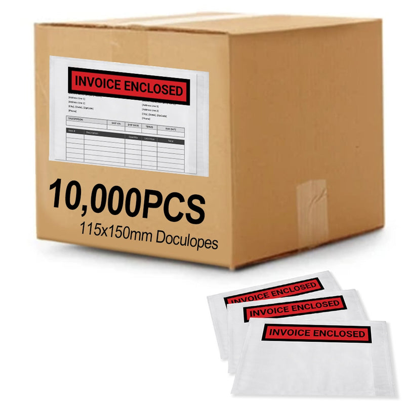 10,000PCS 'INVOICE ENCLOSED' 115mm x 150mm Doculopes Sticker Pouch Document Envelope - Clear