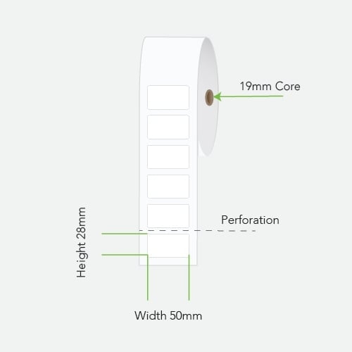 24 Rolls 50mm x 28mm Direct Thermal Labels White - 250 Labels per roll (19mm Core)
