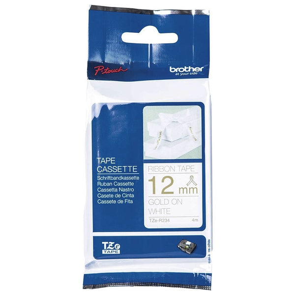 Original Brother TZe-R234 TZeR234 12mm Gold Text on White Ribbon Tape - 4 metres