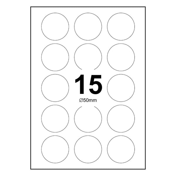 500 Sheets A4 White Self Adhesive Paper Laser Inkjet Sticker Labels 50mm Round - 15 Labels Per Sheet