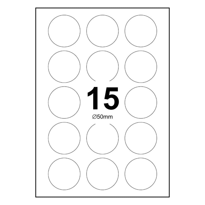 500 Sheets A4 White Self Adhesive Paper Laser Inkjet Sticker Labels 50mm Round - 15 Labels Per Sheet