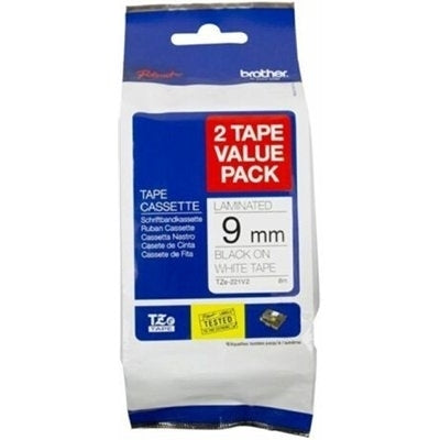 Original Brother TZe-221V2 TZe221V2 9mm Black Text on White (2 Tape Value Pack) - 8 meters