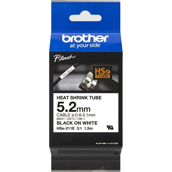Original Brother HSe-211E HSe211E 5.2mm Black Text on White Heat Shrink Tube Tape - 1.5 meters