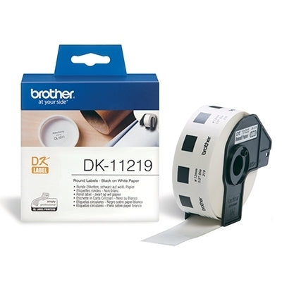 10 x Brother DK-11219 DK11219 Original Black Text on White 12mm Diameter Die-Cut Round Paper Label Roll - 1200 labels per roll
