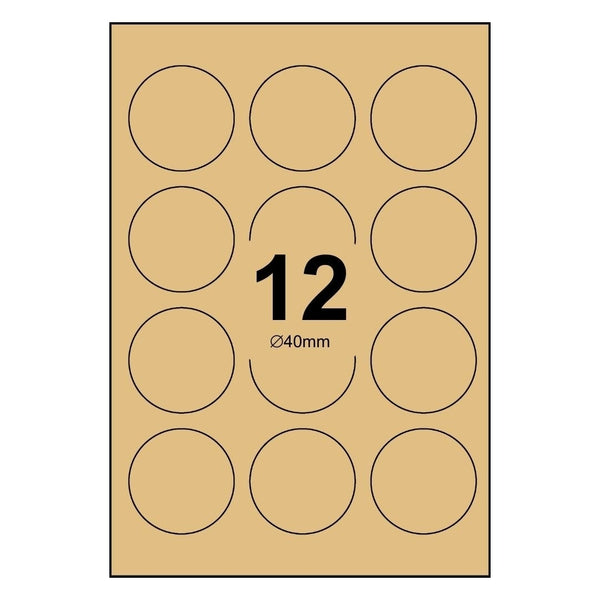 6 Sheets Kraft Brown Paper Laser Inkjet Sticker Labels 40mm Round - 12 Labels Per Sheet