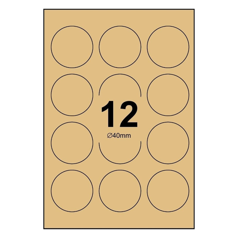 6 Sheets Kraft Brown Paper Laser Inkjet Sticker Labels 40mm Round - 12 Labels Per Sheet